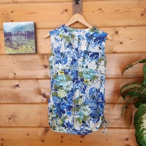 Roz & Ali 💜 NWT Floral Popover Ruched Drawstring Side Pleats Crepe Top Shirt XS